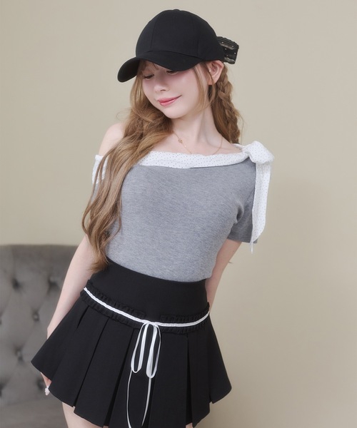 Rmine(アールマイン)の「ドット シフォン リボン ニット オフショル トップス(半袖)(ニット/セーター・レディース・グレー/ネイビー/ホワイト・FREE)」の12枚目の写真