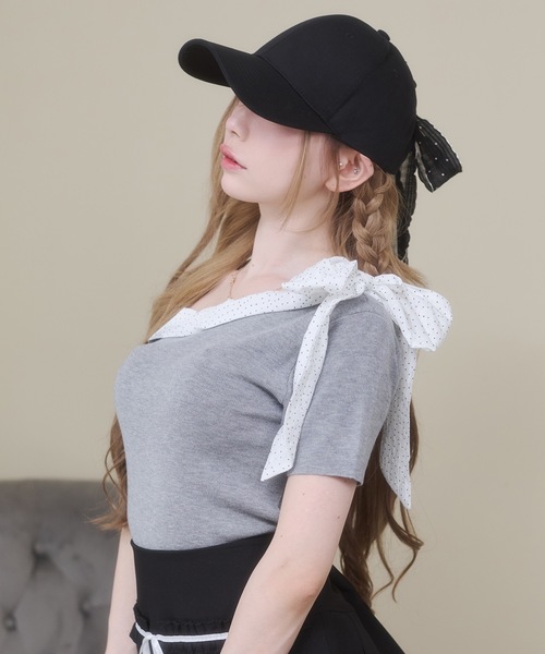 Rmine(アールマイン)の「ドット シフォン リボン ニット オフショル トップス(半袖)(ニット/セーター・レディース・グレー/ネイビー/ホワイト・FREE)」の13枚目の写真