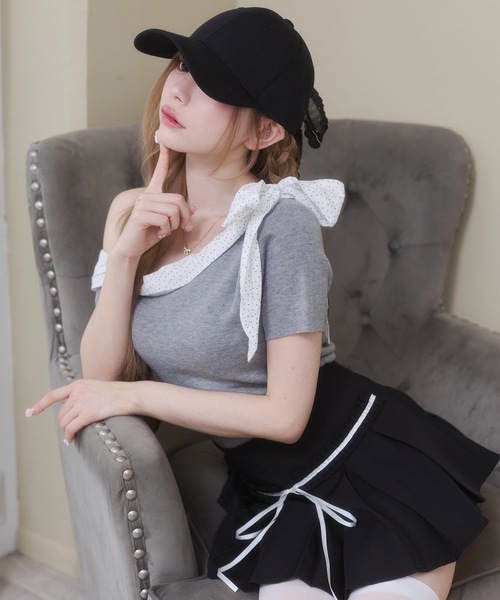 Rmine(アールマイン)の「ドット シフォン リボン ニット オフショル トップス(半袖)(ニット/セーター・レディース・グレー/ネイビー/ホワイト・FREE)」の15枚目の写真