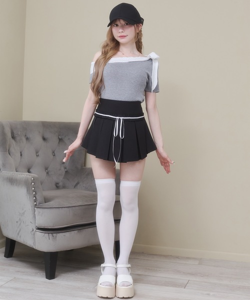 Rmine(アールマイン)の「ドット シフォン リボン ニット オフショル トップス(半袖)(ニット/セーター・レディース・グレー/ネイビー/ホワイト・FREE)」の17枚目の写真