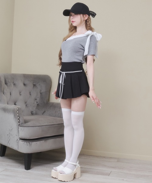 Rmine(アールマイン)の「ドット シフォン リボン ニット オフショル トップス(半袖)(ニット/セーター・レディース・グレー/ネイビー/ホワイト・FREE)」の18枚目の写真