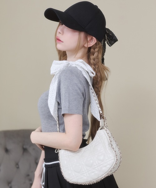 Rmine(アールマイン)の「ドット シフォン リボン ニット オフショル トップス(半袖)(ニット/セーター・レディース・グレー/ネイビー/ホワイト・FREE)」の14枚目の写真