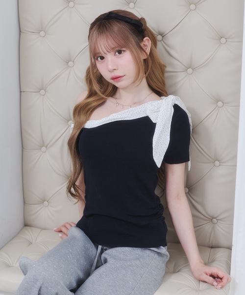 Rmine(アールマイン)の「ドット シフォン リボン ニット オフショル トップス(半袖)(ニット/セーター・レディース・グレー/ネイビー/ホワイト・FREE)」の20枚目の写真