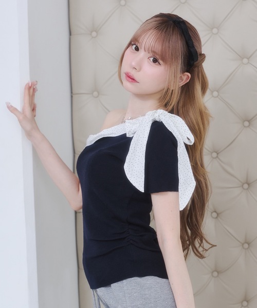 Rmine(アールマイン)の「ドット シフォン リボン ニット オフショル トップス(半袖)(ニット/セーター・レディース・グレー/ネイビー/ホワイト・FREE)」の21枚目の写真