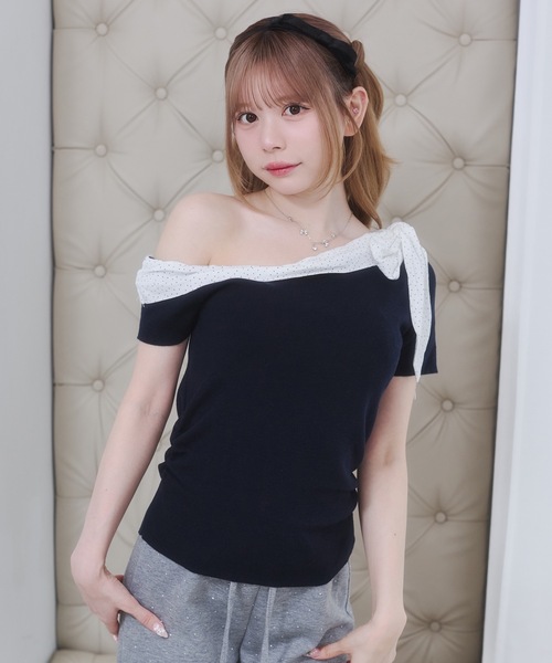 Rmine(アールマイン)の「ドット シフォン リボン ニット オフショル トップス(半袖)(ニット/セーター・レディース・グレー/ネイビー/ホワイト・FREE)」の22枚目の写真