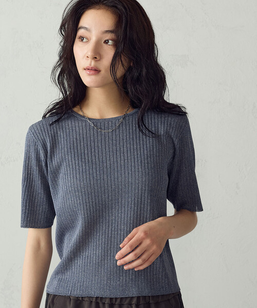 COMME CA ISM(コムサイズム)の「シアーリブ 5分袖ニット(ニット/セーター・レディース・ブルー/ブラウン・LARGE/MEDIUM)」の1枚目の写真