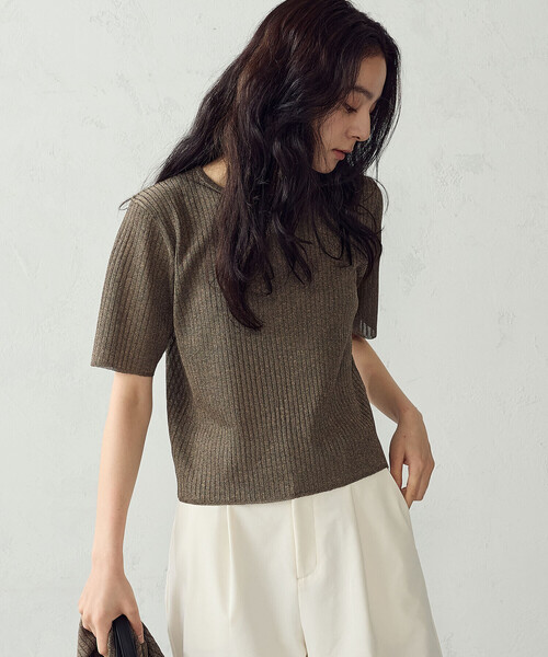 COMME CA ISM(コムサイズム)の「シアーリブ 5分袖ニット(ニット/セーター・レディース・ブルー/ブラウン・LARGE/MEDIUM)」の3枚目の写真