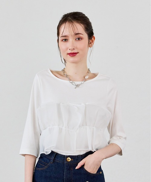 Audie a Muses(オーディアミューズ)の「オーガンジードッキングカットソー(Tシャツ/カットソー・レディース・オフホワイト/ブラック・42/38)」の1枚目の写真