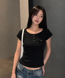 ポケットヘンリーネックTシャツブラック