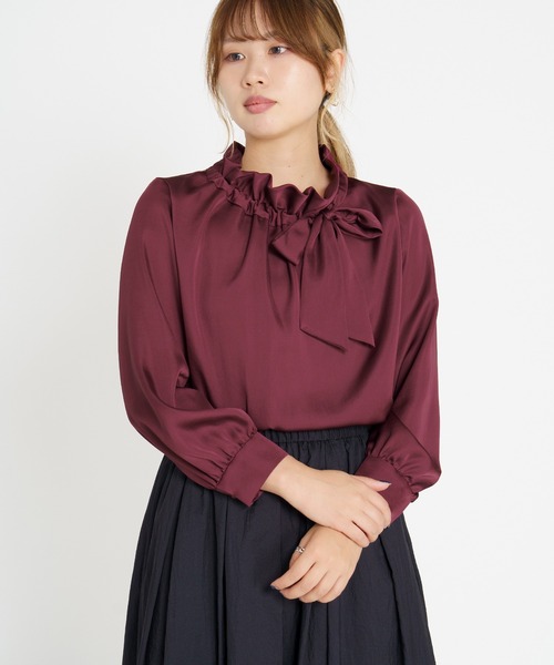 スパンサテンワッシャー_ギャザーフリルリボンブラウス（シャツ