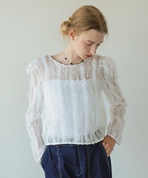 【立体感のあるフリルと繊細な刺繍が華やかなトップス】ジェリー ルーシュ トップス レース フリル 透け感 シアー チュール カーディガン ブラウス 2way ボタン クルーネック Vネック 長袖