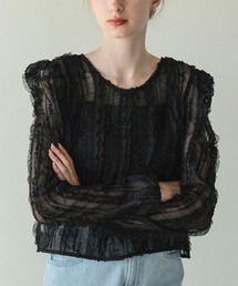 【立体感のあるフリルと繊細な刺繍が華やかなトップス】ジェリー ルーシュ トップス レース フリル 透け感 シアー チュール カーディガン ブラウス 2way ボタン クルーネック Vネック 長袖