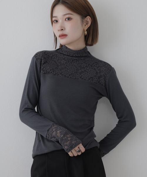 BRODIAEA（ブローディア）の「BRODIAEA レース切替ハイネックプルオーバー 長袖（Tシャツ/カットソー・レディース・ブラック/ベージュ/グレー・40）」の3枚目の写真
