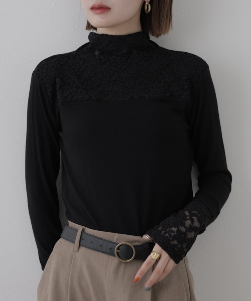 BRODIAEA（ブローディア）の「BRODIAEA レース切替ハイネックプルオーバー 長袖（Tシャツ/カットソー・レディース・ブラック/ベージュ/グレー・40）」の2枚目の写真