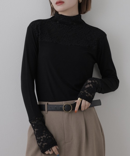 BRODIAEA（ブローディア）の「BRODIAEA レース切替ハイネックプルオーバー 長袖（Tシャツ/カットソー・レディース・ブラック/ベージュ/グレー・40）」の9枚目の写真
