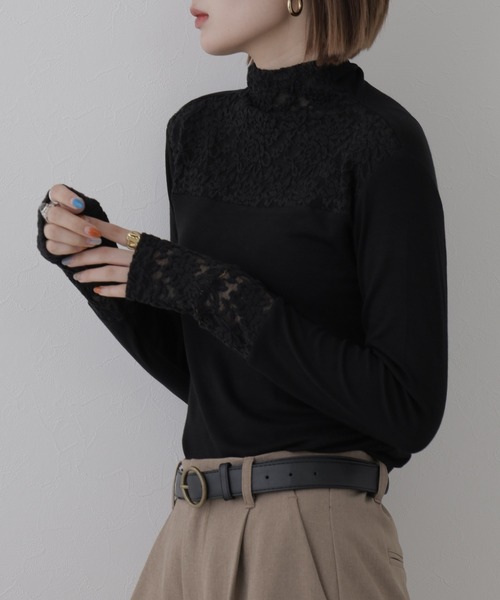 BRODIAEA（ブローディア）の「BRODIAEA レース切替ハイネックプルオーバー 長袖（Tシャツ/カットソー・レディース・ブラック/ベージュ/グレー・40）」の11枚目の写真