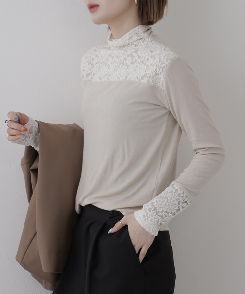 BRODIAEA（ブローディア）の「BRODIAEA レース切替ハイネックプルオーバー 長袖（Tシャツ/カットソー・レディース・ブラック/ベージュ/グレー・40）」の16枚目の写真