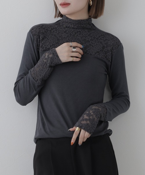 BRODIAEA（ブローディア）の「BRODIAEA レース切替ハイネックプルオーバー 長袖（Tシャツ/カットソー・レディース・ブラック/ベージュ/グレー・40）」の4枚目の写真