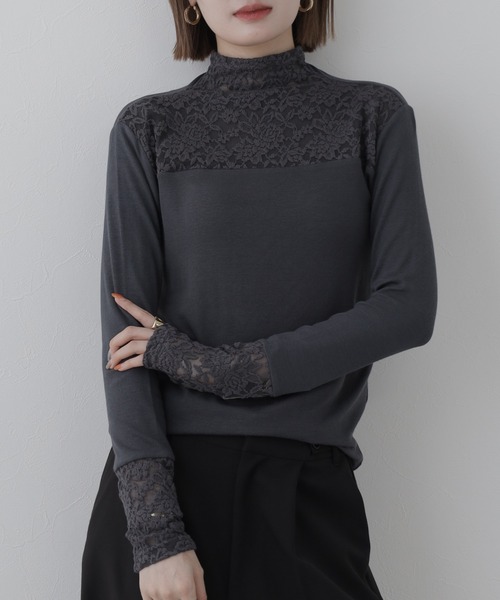 BRODIAEA（ブローディア）の「BRODIAEA レース切替ハイネックプルオーバー 長袖（Tシャツ/カットソー・レディース・ブラック/ベージュ/グレー・40）」の5枚目の写真