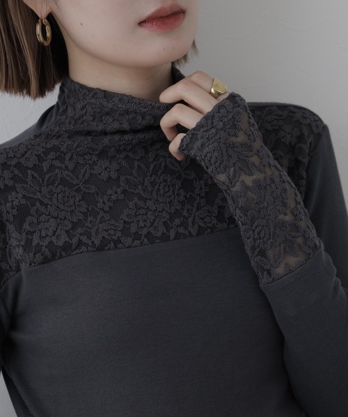 BRODIAEA（ブローディア）の「BRODIAEA レース切替ハイネックプルオーバー 長袖（Tシャツ/カットソー・レディース・ブラック/ベージュ/グレー・40）」の6枚目の写真
