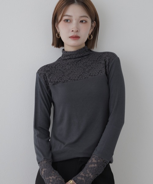 BRODIAEA（ブローディア）の「BRODIAEA レース切替ハイネックプルオーバー 長袖（Tシャツ/カットソー・レディース・ブラック/ベージュ/グレー・40）」の8枚目の写真