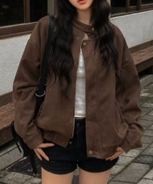 【秋冬新作】2色展開ノーカラーZIPスナップボタンブルゾン