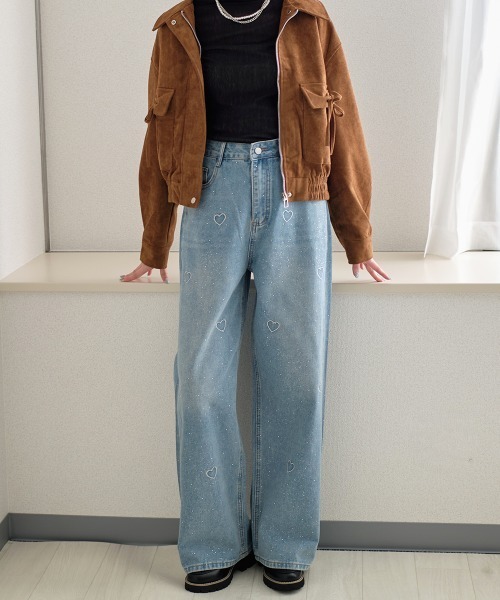Rejoule(リジュール)の「ハート刺繍×ラインストーン ワイドデニムパンツ(デニムパンツ・レディース・ブルー/グレー・S/M)」の14枚目の写真