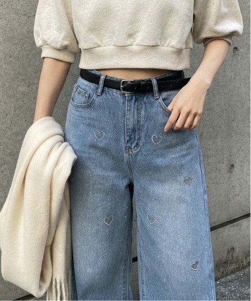Rejoule(リジュール)の「ハート刺繍×ラインストーン ワイドデニムパンツ(デニムパンツ・レディース・ブルー/グレー・S/M)」の10枚目の写真