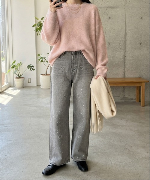 Rejoule(リジュール)の「ハート刺繍×ラインストーン ワイドデニムパンツ(デニムパンツ・レディース・ブルー/グレー・S/M)」の5枚目の写真