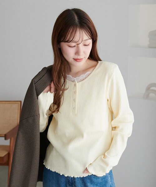 DISCOAT（ディスコート）の「レースレイヤードヘンリープルオーバー（Tシャツ/カットソー・レディース・アイボリー/グレー/ネイビー・FREE）」の11枚目の写真