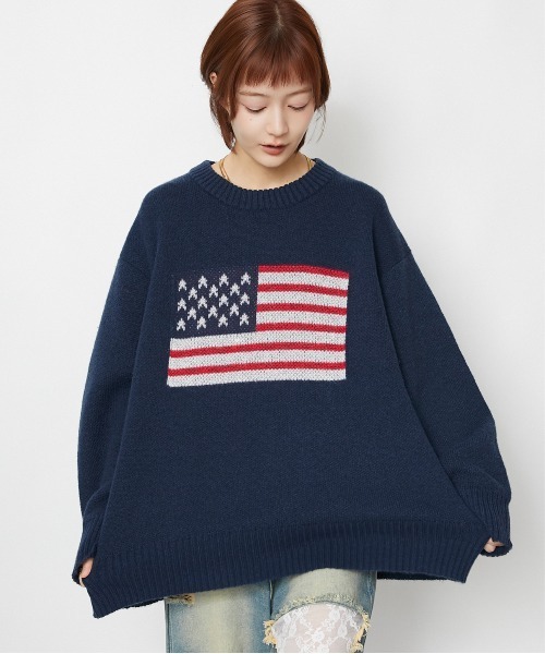 GORGE(ゴージ)の「【超人気アイテム再登場】アメリカ国旗柄ニット|全4色(ニット/セーター・レディース・オフホワイト/ボルドー/杢グレー/ネイビー・F)」の3枚目の写真