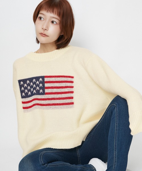 GORGE(ゴージ)の「【超人気アイテム再登場】アメリカ国旗柄ニット|全4色(ニット/セーター・レディース・オフホワイト/ボルドー/杢グレー/ネイビー・F)」の1枚目の写真