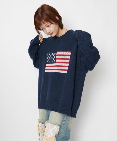 GORGE(ゴージ)の「【超人気アイテム再登場】アメリカ国旗柄ニット|全4色(ニット/セーター・レディース・オフホワイト/ボルドー/杢グレー/ネイビー・F)」の12枚目の写真