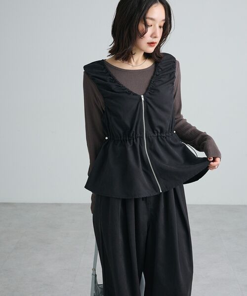 Green Parks(グリーンパークス)の「クルーネックリブ長袖プルオーバー(Tシャツ/カットソー・レディース・ブラック/ホワイト系その他2/チャコールグレー・FREE)」の6枚目の写真