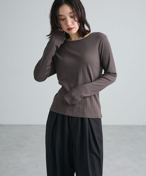 Green Parks(グリーンパークス)の「クルーネックリブ長袖プルオーバー(Tシャツ/カットソー・レディース・ブラック/ホワイト系その他2/チャコールグレー・FREE)」の7枚目の写真