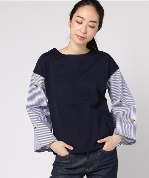 POU DOU DOU（プードゥドゥ）の「ストライプ刺繍袖プルオーバー（Tシャツ/カットソー・レディース・ネイビー/グリーン・3）」の10枚目の写真