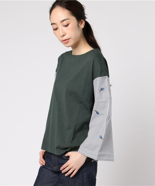 POU DOU DOU（プードゥドゥ）の「ストライプ刺繍袖プルオーバー（Tシャツ/カットソー・レディース・ネイビー/グリーン・3）」の2枚目の写真