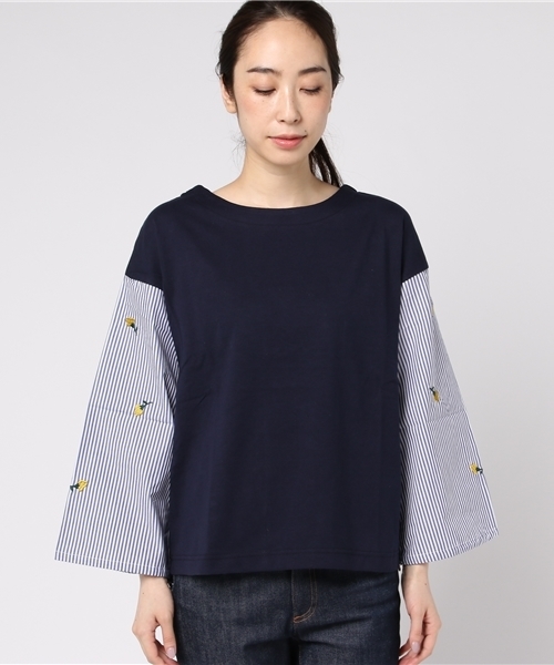 POU DOU DOU（プードゥドゥ）の「ストライプ刺繍袖プルオーバー（Tシャツ/カットソー・レディース・ネイビー/グリーン・3）」の6枚目の写真