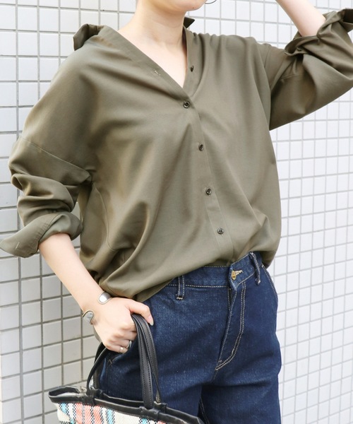 SLOBE IENA(スローブイエナ)の「テンセルダンガリーオーバーシャツ◆(シャツ/ブラウス・レディース・カーキ/ネイビー/キャメル・FREE)」の1枚目の写真