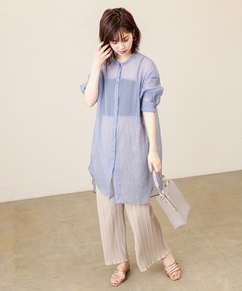 natural couture（ナチュラルクチュール）の「バンドカラーキラッとシアーシャツ（シャツ/ブラウス・レディース・ホワイト/ブルー/モカ/レンガ・FREE）」の9枚目の写真