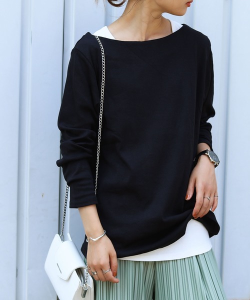 Fashion Letter（ファッションレター）の「フライスボートネックロンT（Tシャツ/カットソー・レディース・チャコールグレー/ライトグレー/ネイビー/カーキ/マジェンタ/杢グレー/グレイッシュベージュ/オフホワイト/ブラック・LL/3L/4L/L/M）」の3枚目の写真