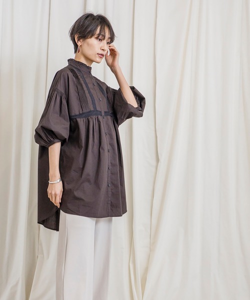 CIENA(シエナ)の「スタンドフリル5分袖衿レースピンタックブラウス(シャツ/ブラウス・レディース・オフホワイト/ブラック・FREE)」の6枚目の写真