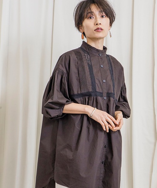 CIENA(シエナ)の「スタンドフリル5分袖衿レースピンタックブラウス(シャツ/ブラウス・レディース・オフホワイト/ブラック・FREE)」の8枚目の写真