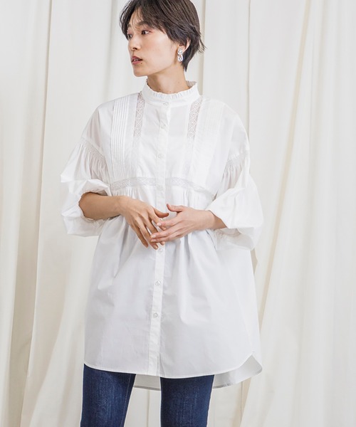 CIENA(シエナ)の「スタンドフリル5分袖衿レースピンタックブラウス(シャツ/ブラウス・レディース・オフホワイト/ブラック・FREE)」の5枚目の写真