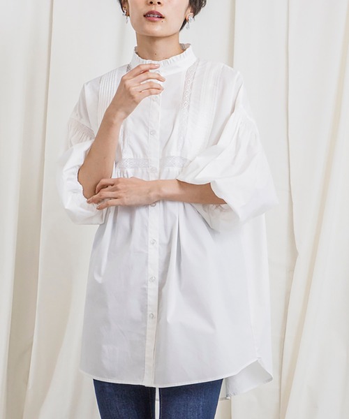 CIENA(シエナ)の「スタンドフリル5分袖衿レースピンタックブラウス(シャツ/ブラウス・レディース・オフホワイト/ブラック・FREE)」の9枚目の写真