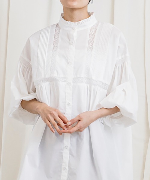 CIENA(シエナ)の「スタンドフリル5分袖衿レースピンタックブラウス(シャツ/ブラウス・レディース・オフホワイト/ブラック・FREE)」の7枚目の写真