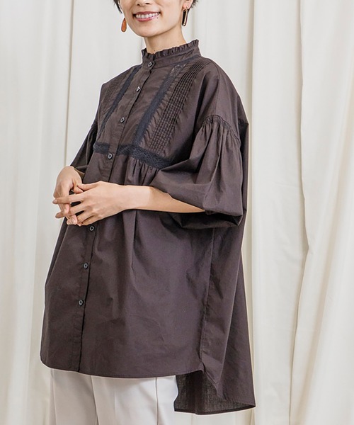 CIENA(シエナ)の「スタンドフリル5分袖衿レースピンタックブラウス(シャツ/ブラウス・レディース・オフホワイト/ブラック・FREE)」の13枚目の写真