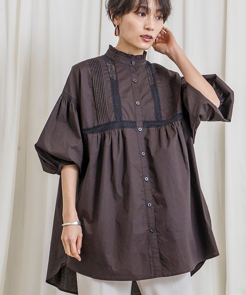 CIENA(シエナ)の「スタンドフリル5分袖衿レースピンタックブラウス(シャツ/ブラウス・レディース・オフホワイト/ブラック・FREE)」の4枚目の写真