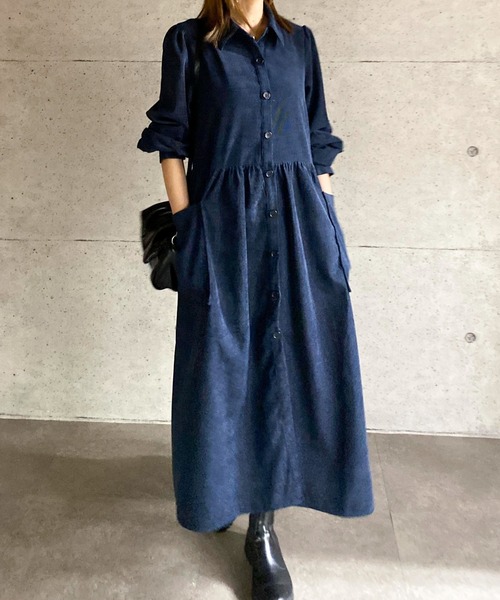 Diosfront（ディオスフロント）の「コーデュロイパフスリーブシャツワンピース（ワンピース・レディース・グリーン/ネイビー/キャメル/オレンジ/ブラック/ベージュ/ブルー・S/M/L）」の4枚目の写真