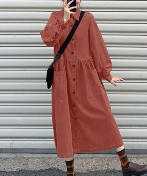 Diosfront（ディオスフロント）の「コーデュロイパフスリーブシャツワンピース（ワンピース・レディース・グリーン/ネイビー/キャメル/オレンジ/ブラック/ベージュ/ブルー・S/M/L）」の7枚目の写真